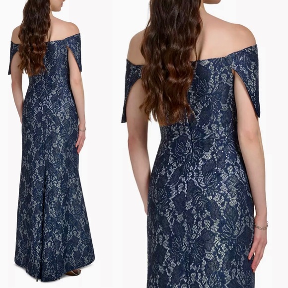 VINCE CAMUTO
Women's Off-The-Shoulder
Sequin Lace Column Gown size 8 blue silver - Picture 7 of 12